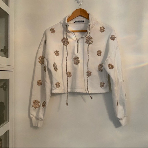 AKIRA Crop Sweatshirt Bling Hip Hop Long sleeves White Size M - Picture 2 of 10